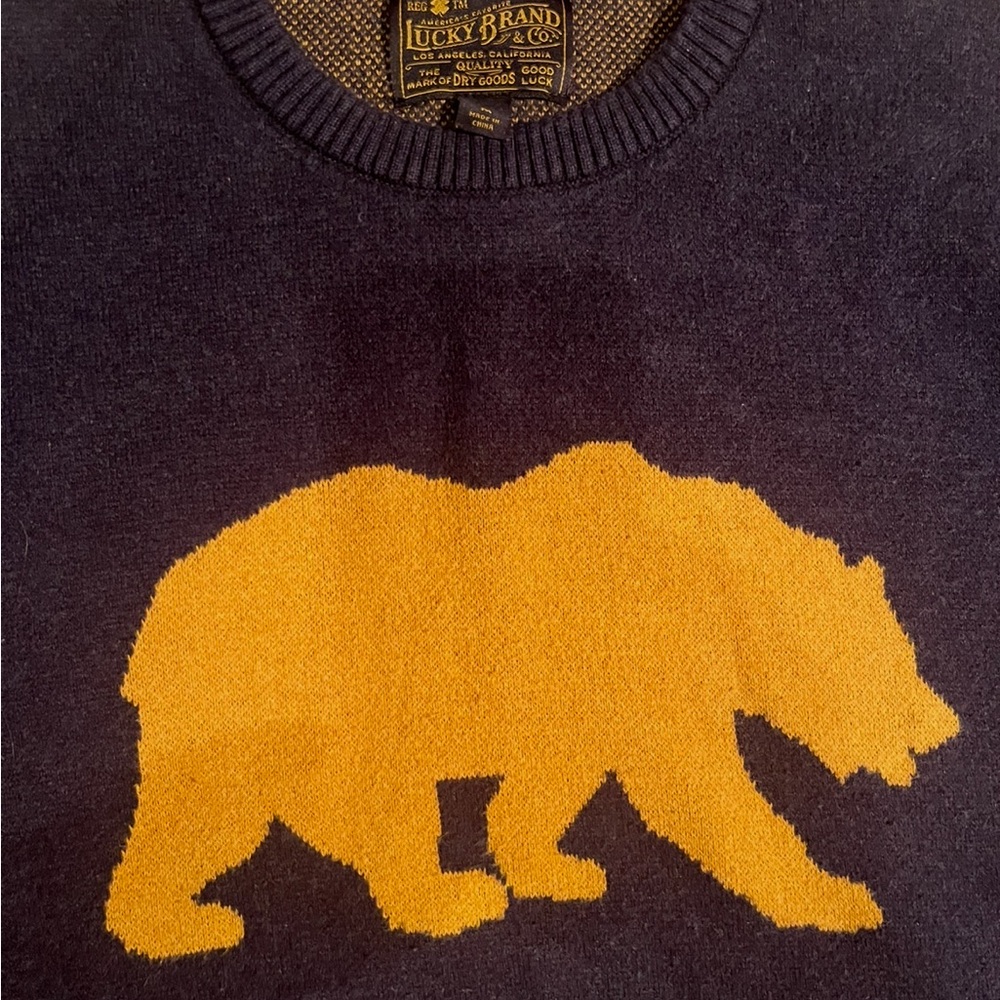 Lucky Brand Men's Crewneck Sweater - Dark Blue with Yellow Bear Size Medium